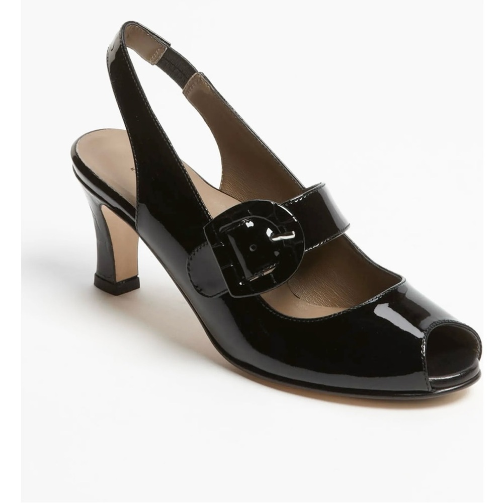 Anyi Lu Black Patent Leather Tulip Slingback Heels Career Corpcore Chic
